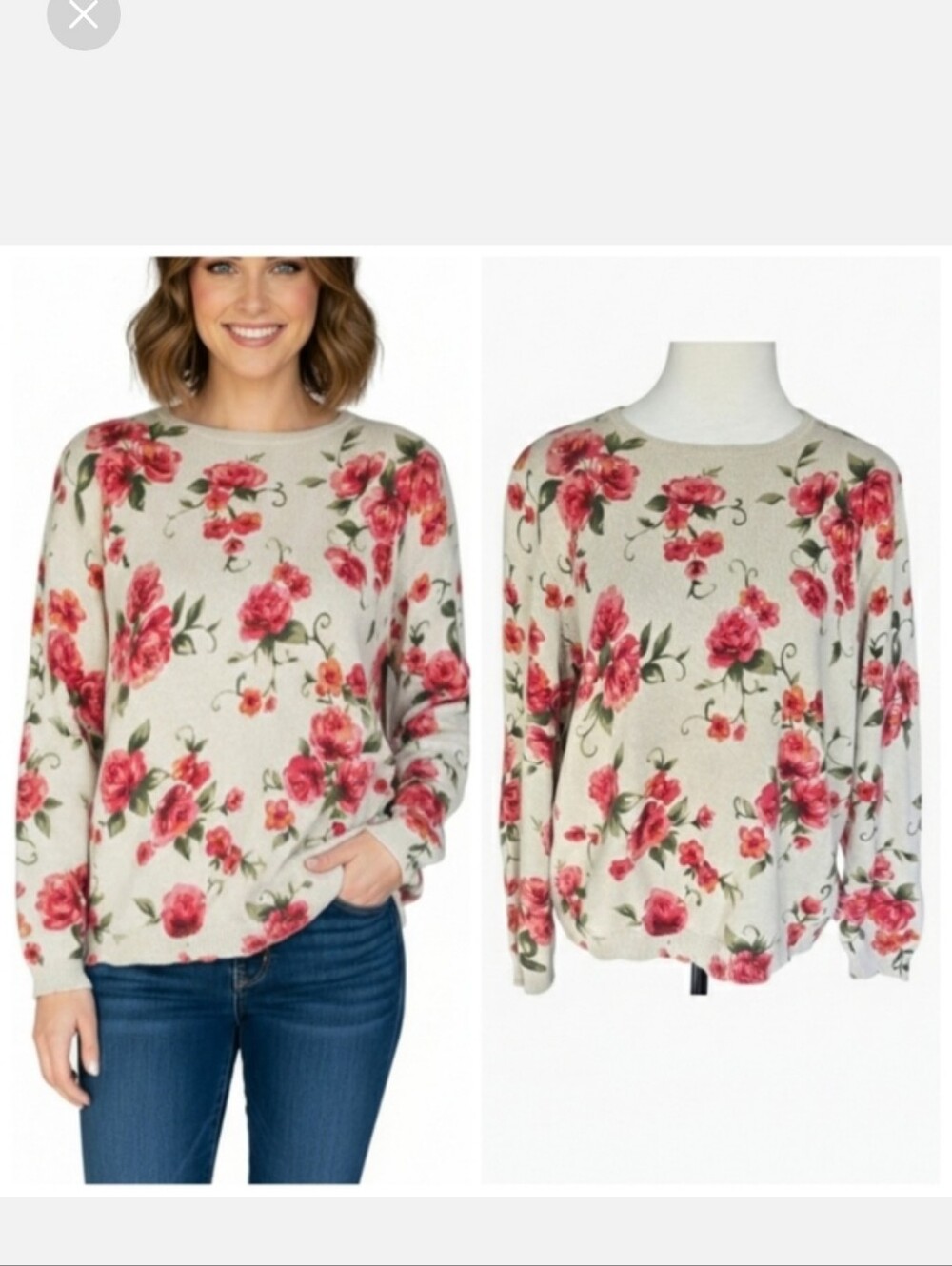 Alfred Dunner Tan Floral Knit Sweater Women's Size Large